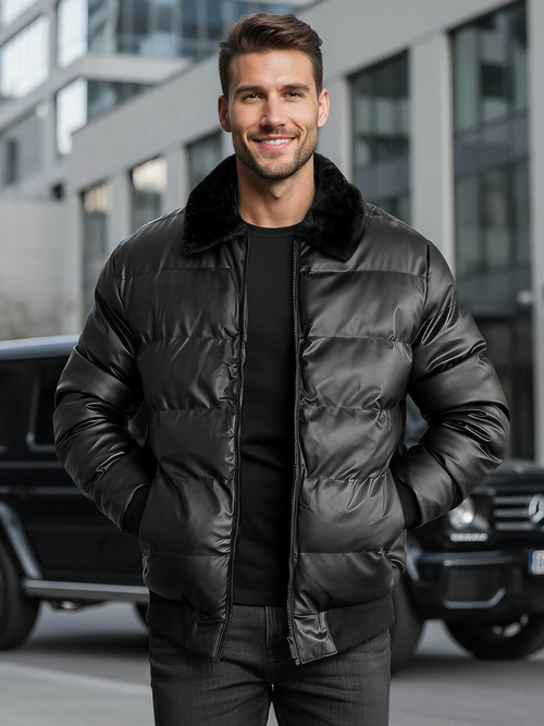 Geacă de piele bărbați neagră OZONEE O/M795Z