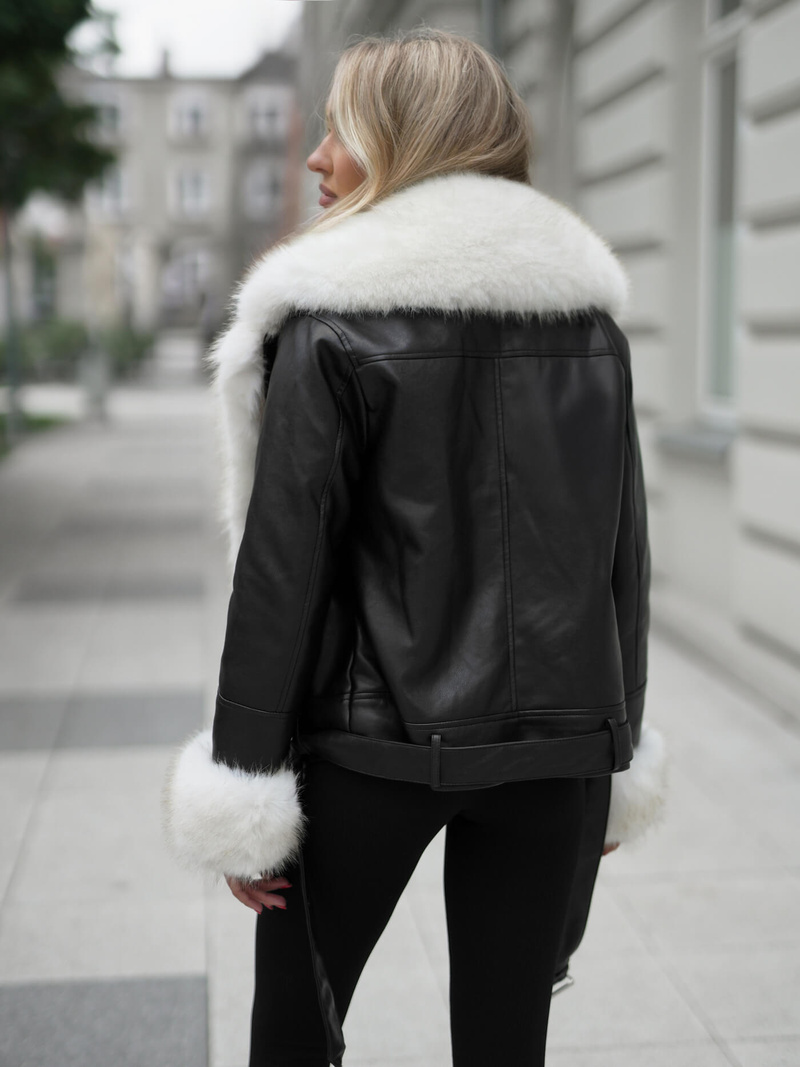 Geacă de piele pentru femei neagră-bej OZONEE JS/61M8507/392BZ