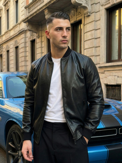 Geacă de piele bărbați neagră OZONEE JS/11Z8105Z