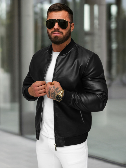 Geacă de piele bărbați neagră OZONEE JS/11Z8107
