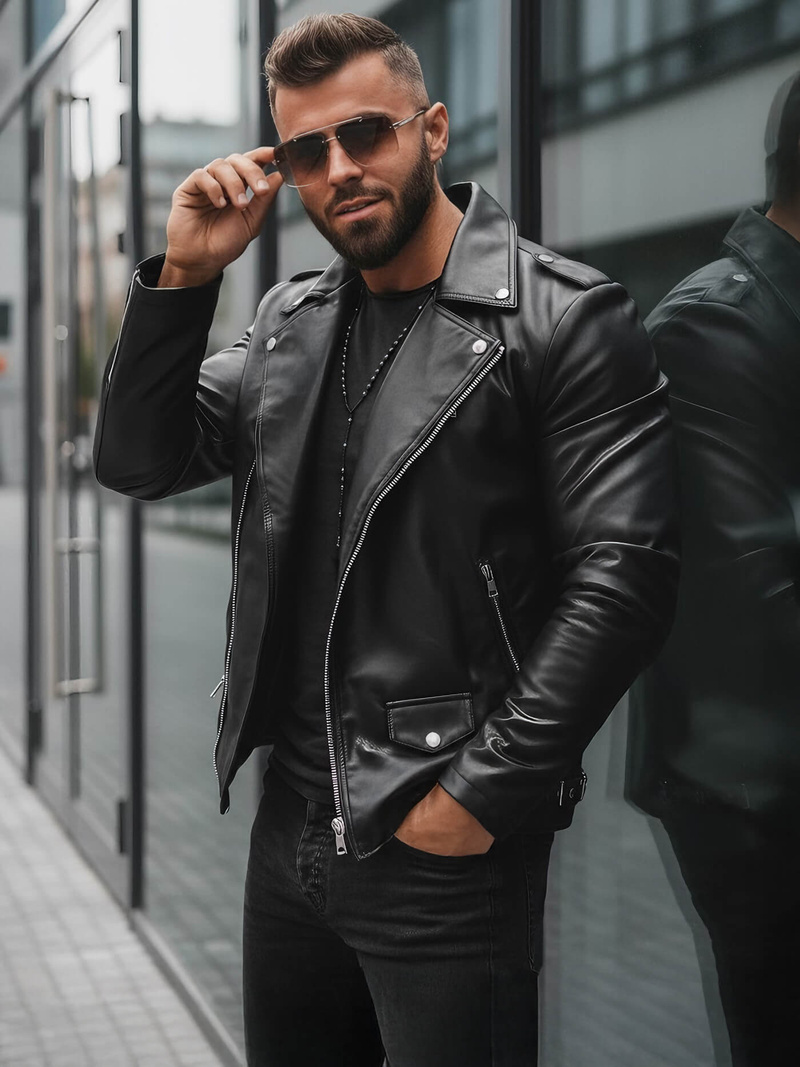 Geacă de piele bărbați neagră OZONEE JS/11Z8014Z