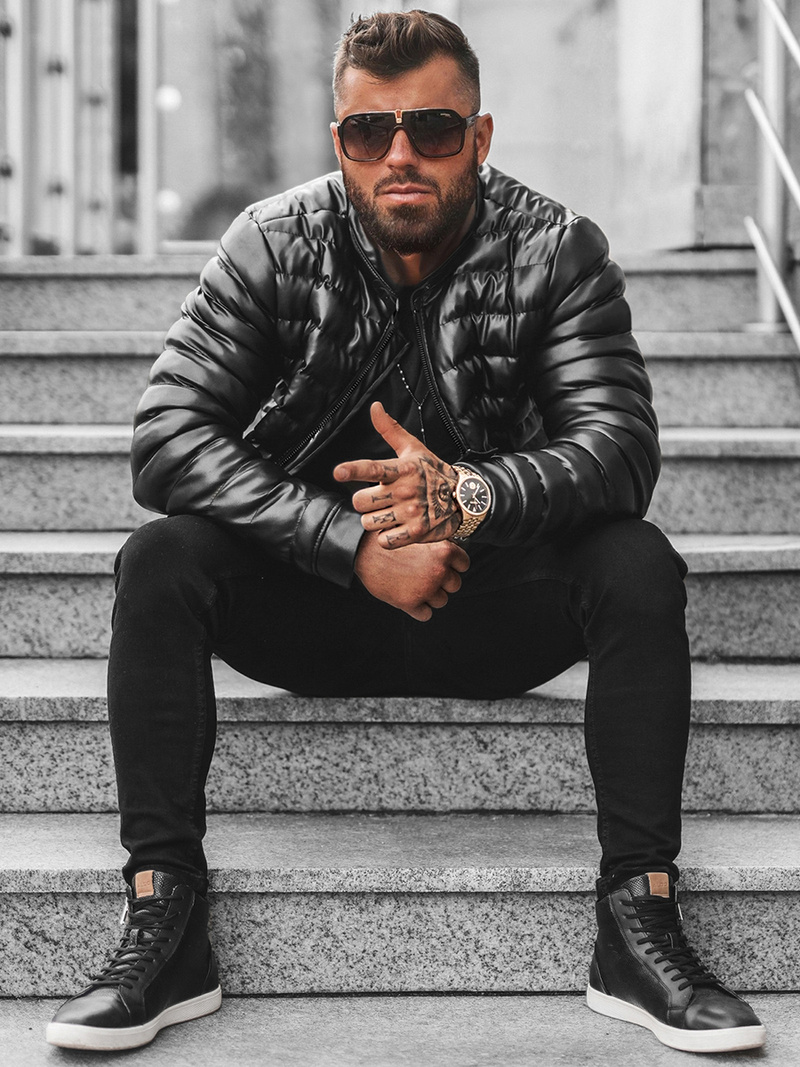 Geacă de piele bărbați neagră OZONEE O/M796